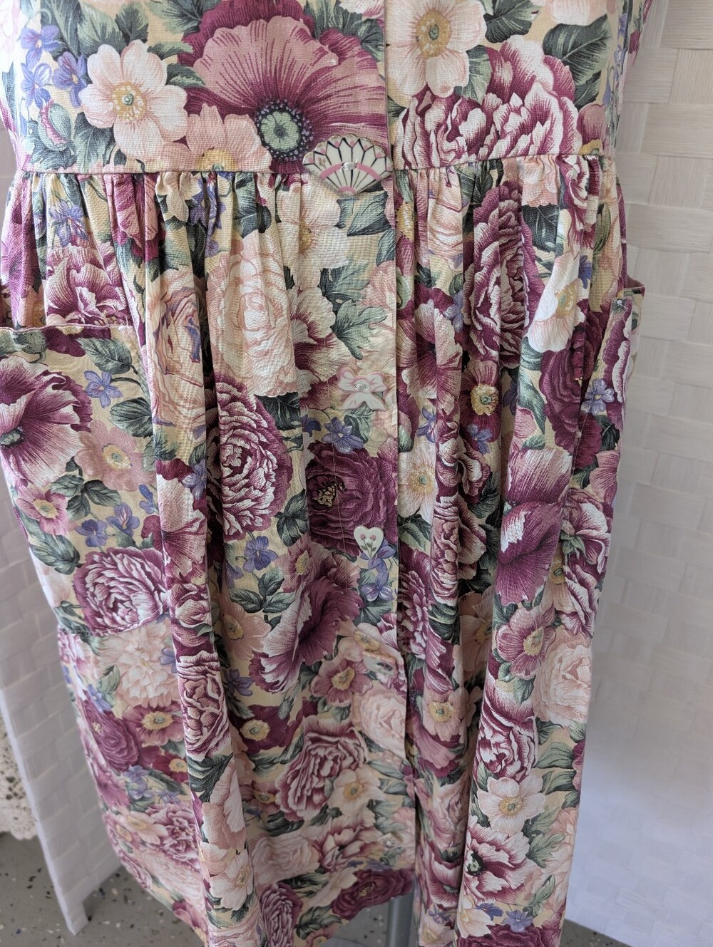VINTAGE Cottagecore Floral Sleeveless Cotton Dress in Mauve Pink 1980 XL - Picture 7 of 7